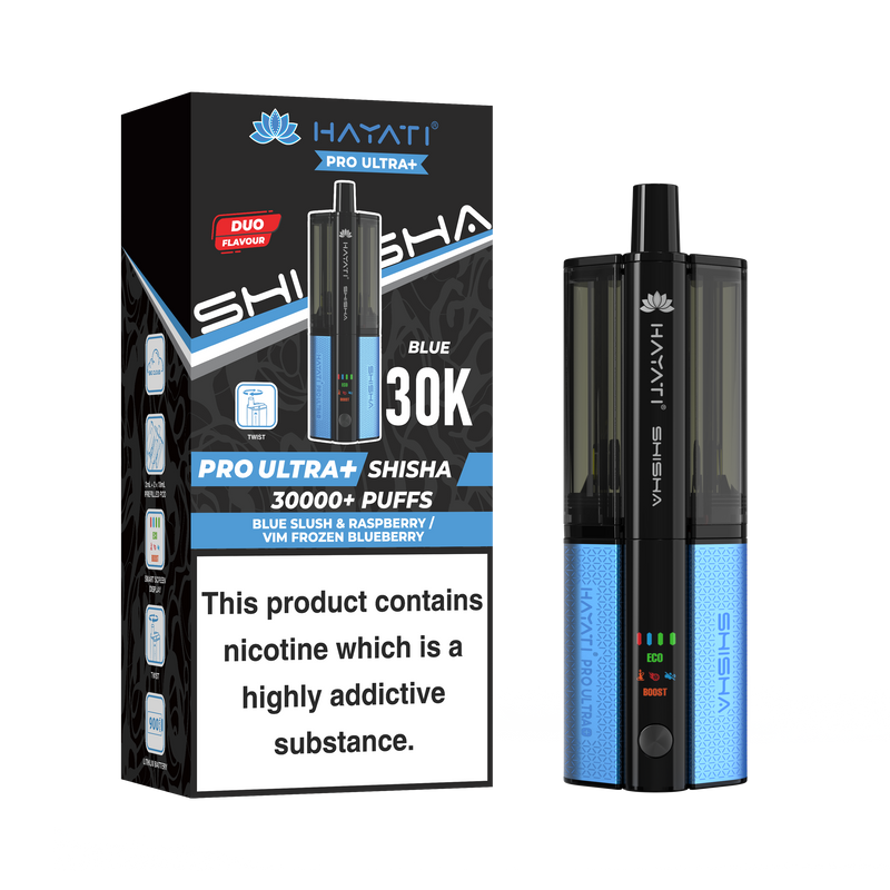 hayati pro ultra plus shisha 30k prefilled pod kit blue slash & raspberry/ vim frozen blueberry flavors